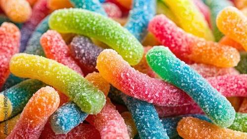 Close up of sour candy gummy worms coated in granulated sugar, gummy worms, sour candy, dessert, treats, confectionery