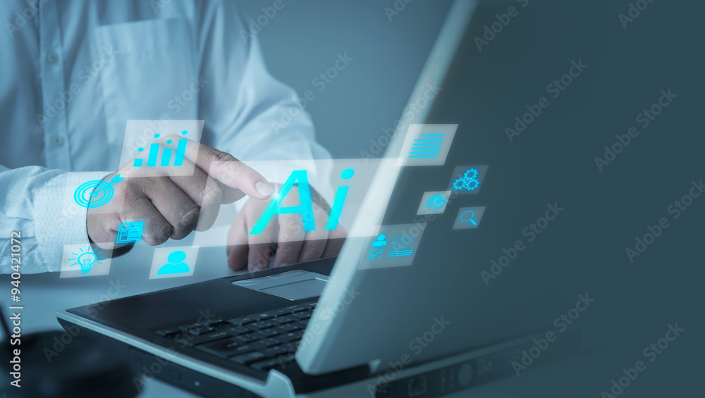 AI machine learning. Businessman experiences use of AI technology on virtual interface, innovation and digital transformation global information network, internet and digital technology ai. AI machine learning. Businessman experiences use of AI technology on virtual interface, innovation and digital transformation global information network, internet and digital technology ai.
