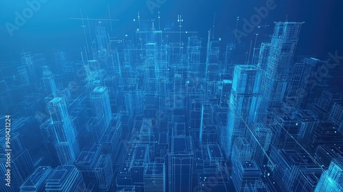 Futuristic cityscape with digital blueprints overlay