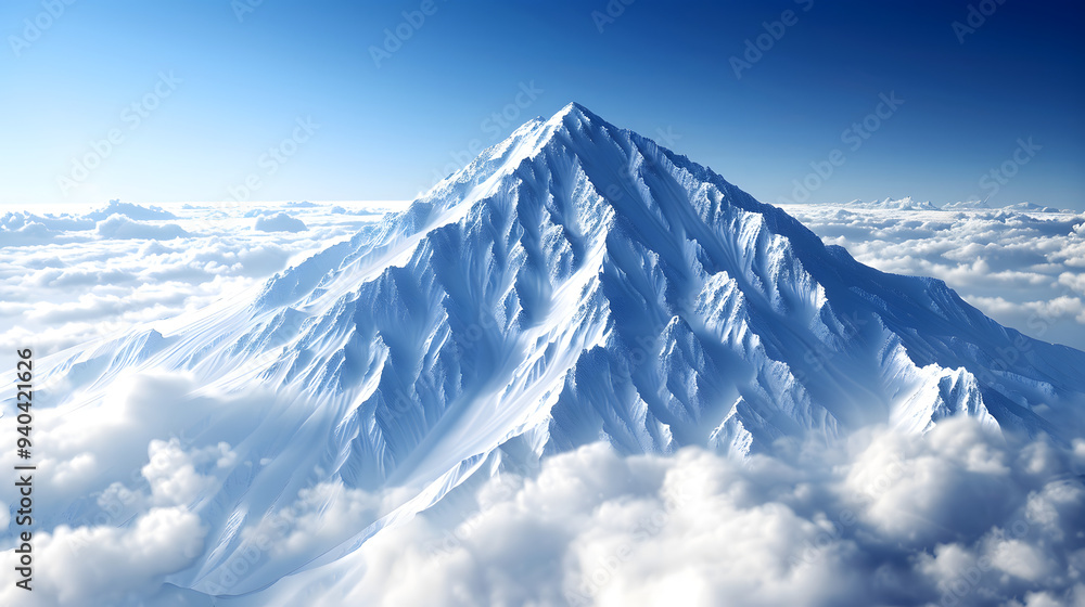 Breathtaking view of a towering snow-capped mountain peak rising above the clouds, set against a clear blue sky. Perfect for nature, travel, and adventure themes. Breathtaking view of a towering snow-capped mountain peak rising above the clouds, set against a clear blue sky. Perfect for nature, travel, and adventure themes.