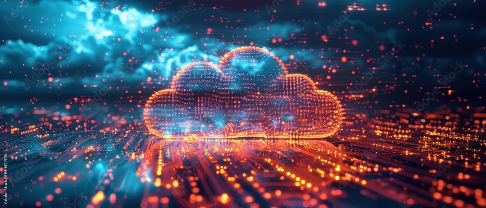 Futuristic Hologram of Cloud Computing Network with Luminous Nodes, Representing Modern Technology Advancements Futuristic Hologram of Cloud Computing Network with Luminous Nodes, Representing Modern Technology Advancements