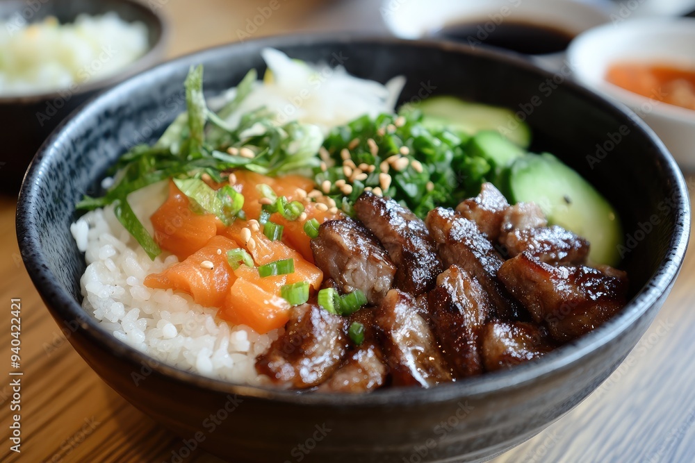 Close-Up of a Bowl of Rice with Salmon, Beef, and Cucumber Close-Up of a Bowl of Rice with Salmon, Beef, and Cucumber