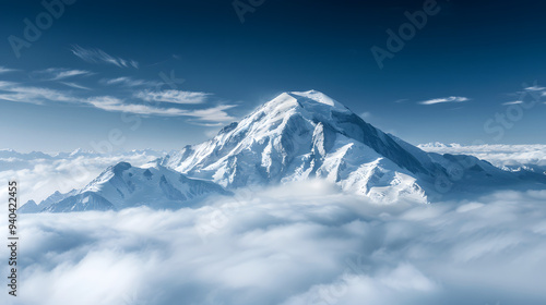 Wallpaper Mural  A majestic snow-covered mountain peak rises above a sea of clouds, with a serene blue sky in the background. Perfect for nature, adventure, and travel themes showcasing natural beauty. Torontodigital.ca