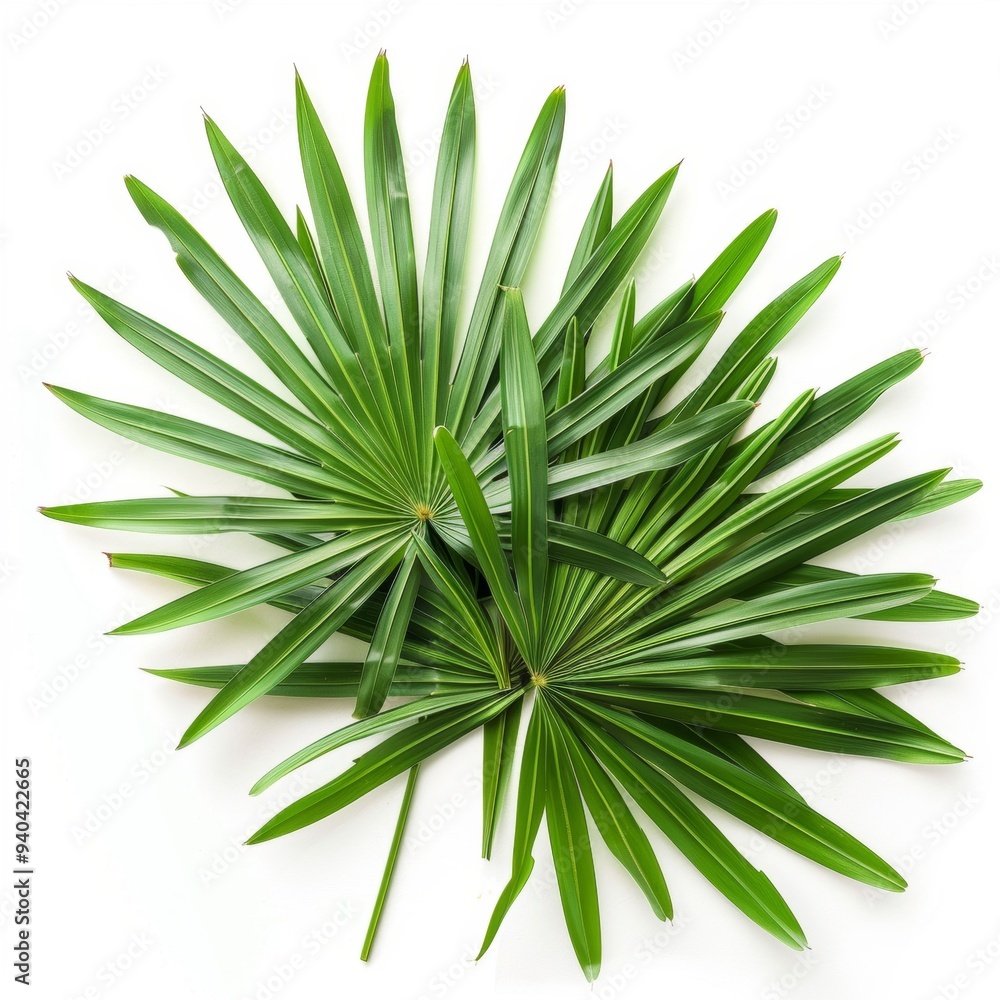 An artistic product shot of saw palmetto leaves isolated on a white background. An artistic product shot of saw palmetto leaves isolated on a white background.