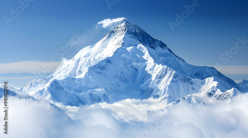 Wallpaper Mural  A majestic snow-capped mountain peak rises through a blanket of clouds, set against a bright blue sky. Perfect for nature, adventure, and travel themes highlighting the beauty of the outdoors. Torontodigital.ca