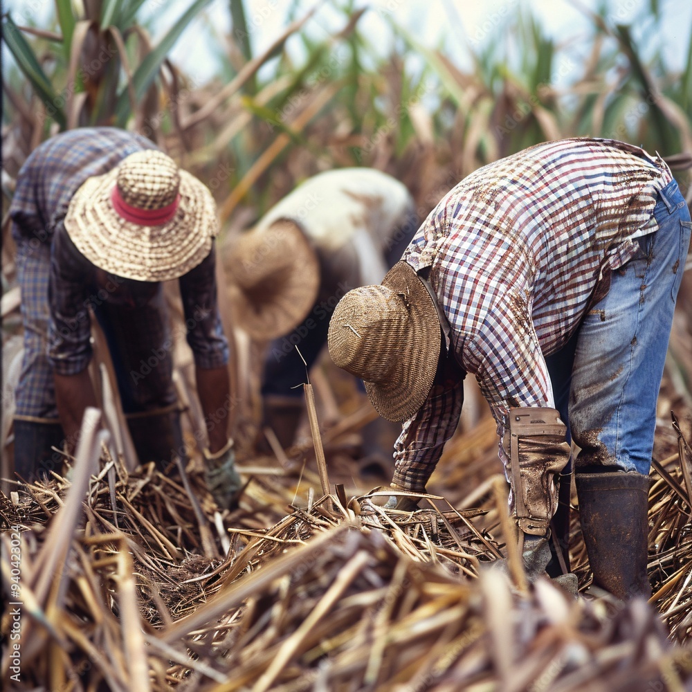 Fototapeta premium 1. Three farmers harvesting sugarcane, workers in protective clothing, wide-brimmed hats, plaid shirts, bending over in field, dense sugarcane plants, dry leaves on ground, manual labor, agricultural
