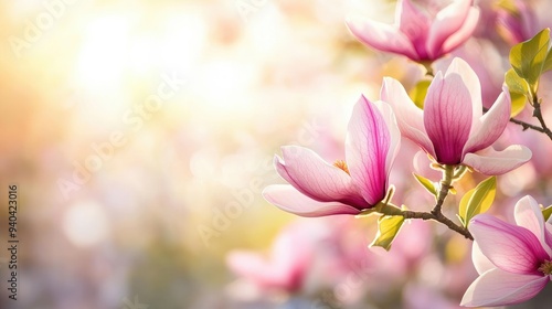 Pink magnolia flowers blooming in spring garden