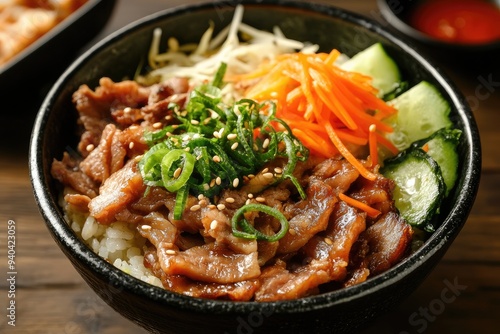 A bowl of rice topped with meat, vegetables, and sesame seeds