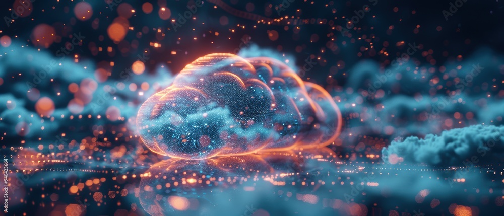 Futuristic Hologram of Cloud Computing Network with Glowing Data Points Futuristic Hologram of Cloud Computing Network with Glowing Data Points