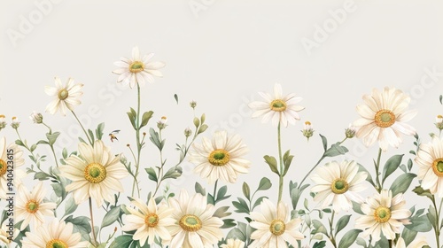 Chamomile floral illustration featuring daisy flowers and leaves arranged in a frame or border, suitable for vintage wedding invitations.