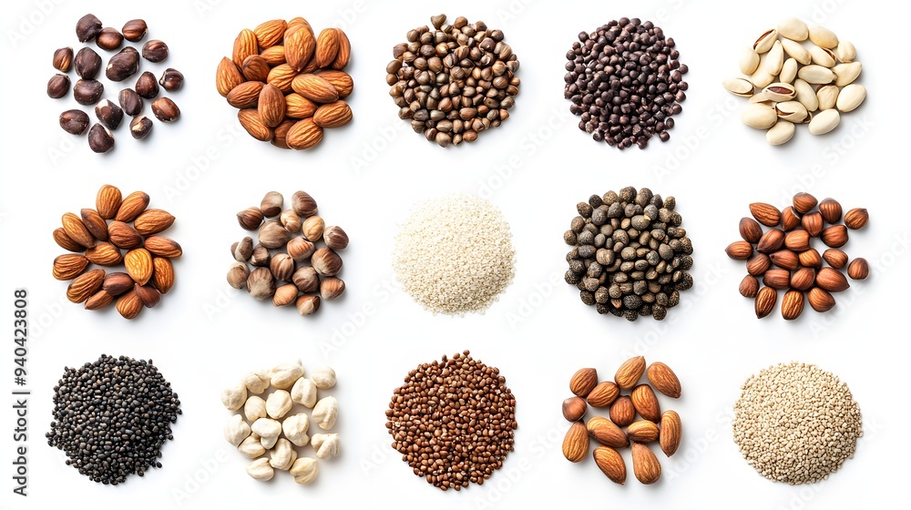 42. A collection of various nut seeds isolated on a white backdrop 42. A collection of various nut seeds isolated on a white backdrop