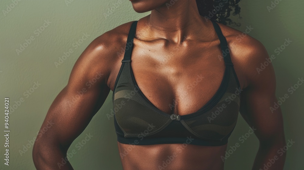 Close-up of athletic woman showcasing muscular abs on khaki background, highlighting strength and beauty. Close-up of athletic woman showcasing muscular abs on khaki background, highlighting strength and beauty.