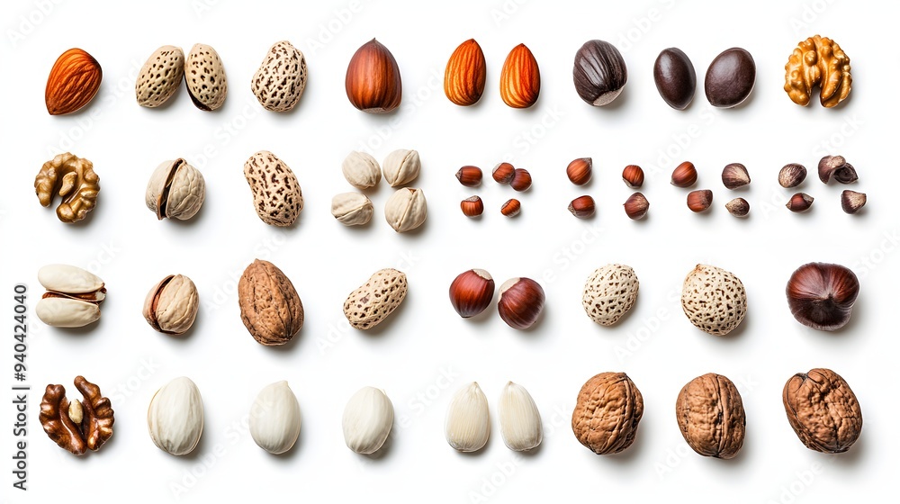 42. A collection of various nut seeds isolated on a white backdrop 42. A collection of various nut seeds isolated on a white backdrop