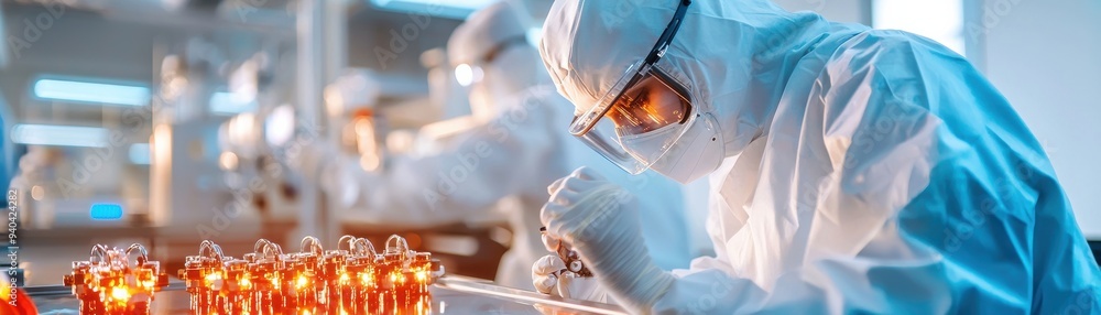 A scientist in a clean room conducts research, analyzing samples in test tubes with precision and care in a laboratory setting. A scientist in a clean room conducts research, analyzing samples in test tubes with precision and care in a laboratory setting.