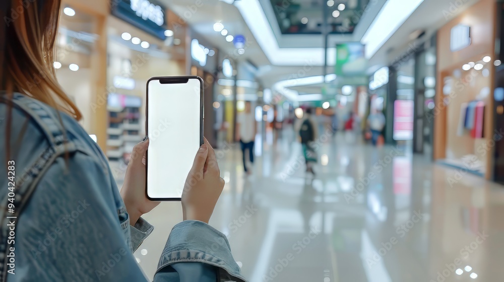 Woman holding smartphone with blank screen for advertising or promotional content in modern shopping mall environment with blurred background, perfect for retail, digital marketing, and commercial des Woman holding smartphone with blank screen for advertising or promotional content in modern shopping mall environment with blurred background, perfect for retail, digital marketing, and commercial des