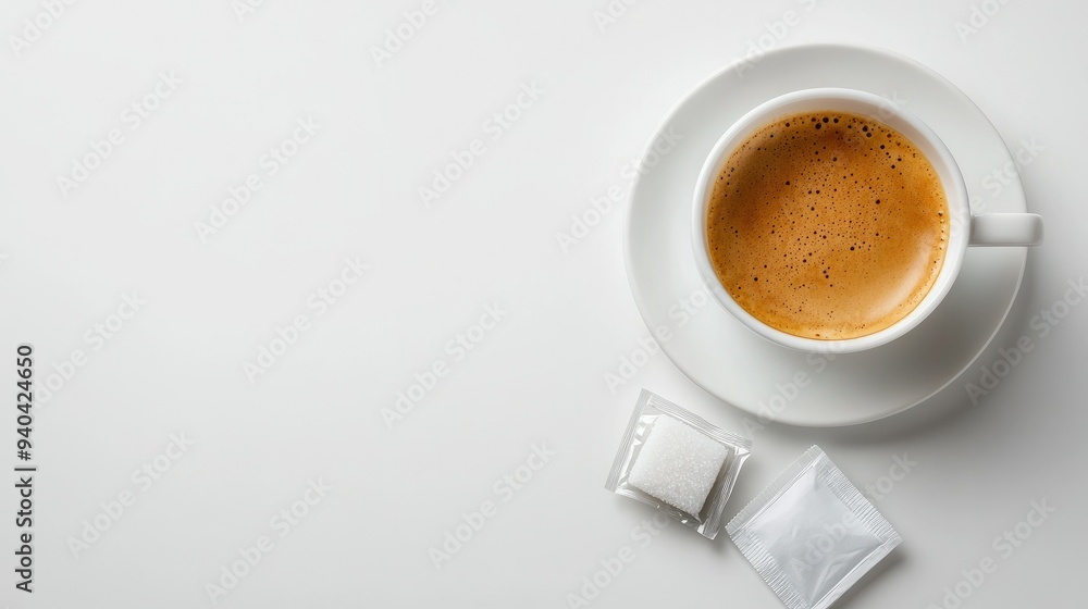 Fototapeta premium Top view of a classic Italian espresso with a sugar packet, with ample copy space on a clean white background.