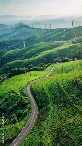 1. Aerial view of winding road through green hills, wind turbines on hilltops, cyclists on road, rural landscape, renewable energy, sustainable transportation, light blue sky with soft clouds, gentle