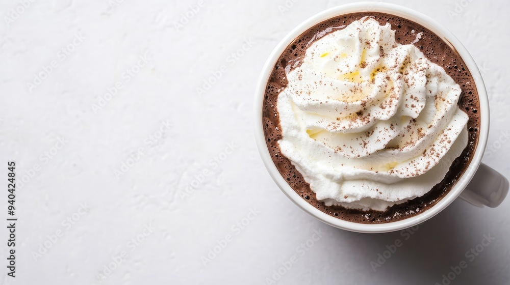 Top view of a Dutch cup of hot chocolate with whipped cream, with ample copy space on a clean background. Top view of a Dutch cup of hot chocolate with whipped cream, with ample copy space on a clean background.