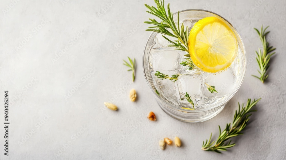 Top view of a Scottish glass of gin with tonic, with ample copy space on a neutral background. Top view of a Scottish glass of gin with tonic, with ample copy space on a neutral background.
