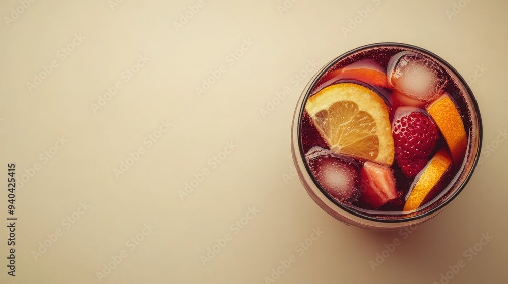 Top view of a Spanish glass of sangria with fruit slices, with ample copy space on a neutral background. Top view of a Spanish glass of sangria with fruit slices, with ample copy space on a neutral background.