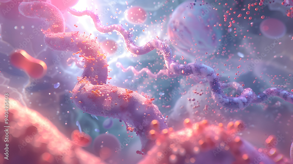 A 3D abstract depiction of swirling molecular structures, glowing particles, and complex cellular forms, illustrating the beauty of biology, science, and the microscopic world. A 3D abstract depiction of swirling molecular structures, glowing particles, and complex cellular forms, illustrating the beauty of biology, science, and the microscopic world.