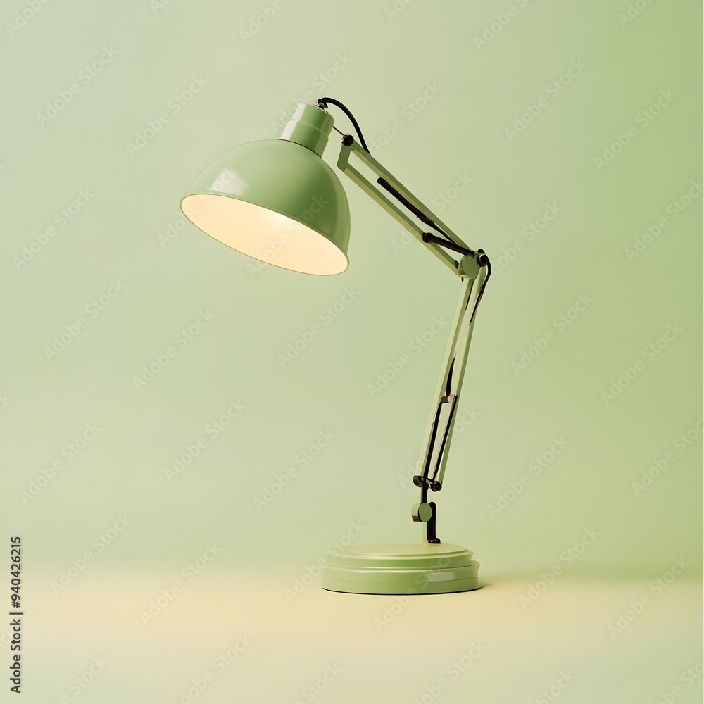 Sleek and minimalist green desk lamp standing upright at the center of a plain isolated background providing soft warm illumination for a cozy office or workspace environment Sleek and minimalist green desk lamp standing upright at the center of a plain isolated background providing soft warm illumination for a cozy office or workspace environment