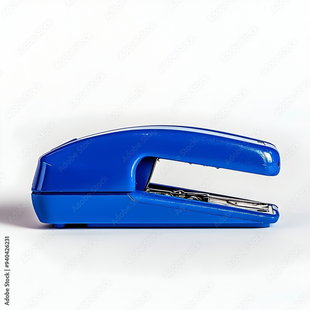 Minimalist and clean composition featuring a blue stapler centrally placed on a plain white background Minimalist and clean composition featuring a blue stapler centrally placed on a plain white background