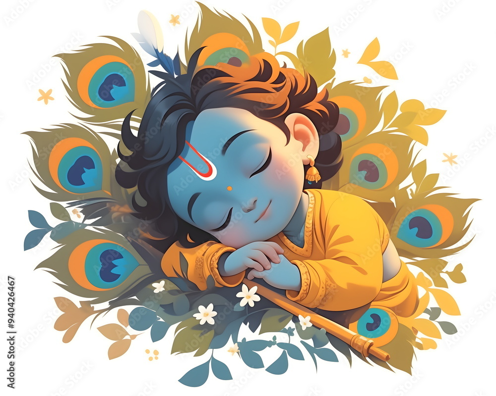 Happy Krishna Janmashtami, Baby Krishna with Lord Krishna with peacock feather and flute Happy Krishna Janmashtami, Baby Krishna with Lord Krishna with peacock feather and flute
