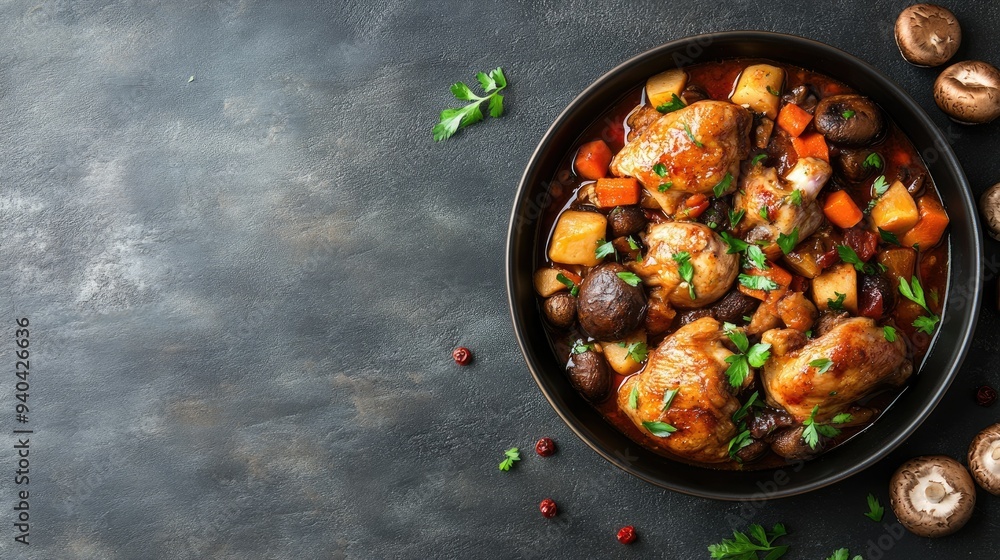 Top view of French coq au vin with mushrooms, with ample copy space on a plain backdrop. Top view of French coq au vin with mushrooms, with ample copy space on a plain backdrop.