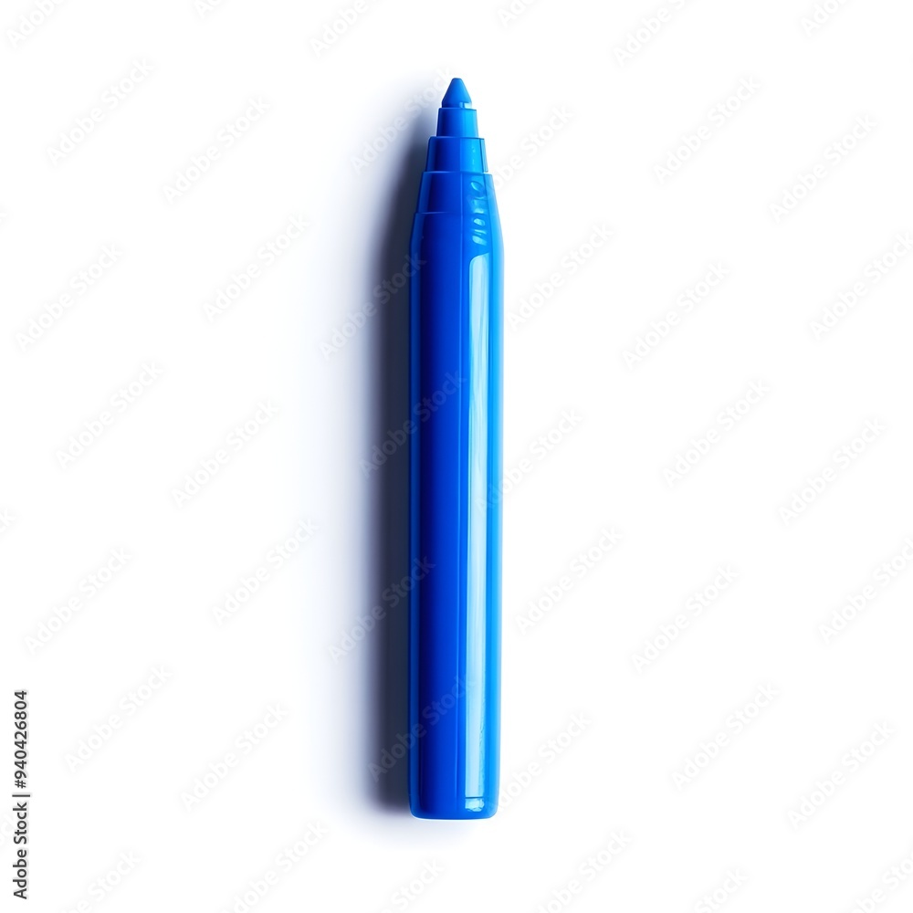 Closeup image of a striking blue highlighter pen or marker placed at the center of a plain white background Closeup image of a striking blue highlighter pen or marker placed at the center of a plain white background