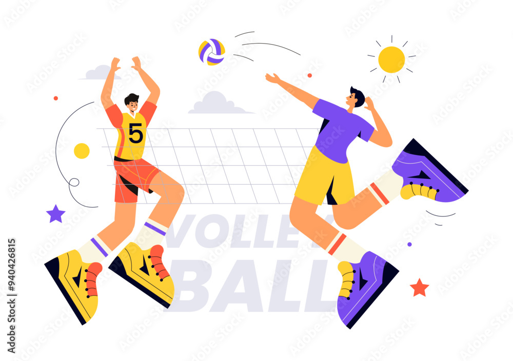 A Flat Style Vector Illustration of a Volleyball Player on the Attack, for a Sports Competition Series with a Cartoon Background A Flat Style Vector Illustration of a Volleyball Player on the Attack, for a Sports Competition Series with a Cartoon Background