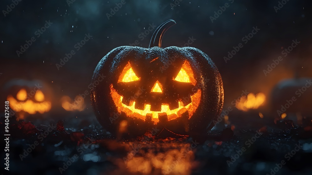Glowing jack-o'-lantern shines in a misty autumn night setting. Glowing jack-o'-lantern shines in a misty autumn night setting.