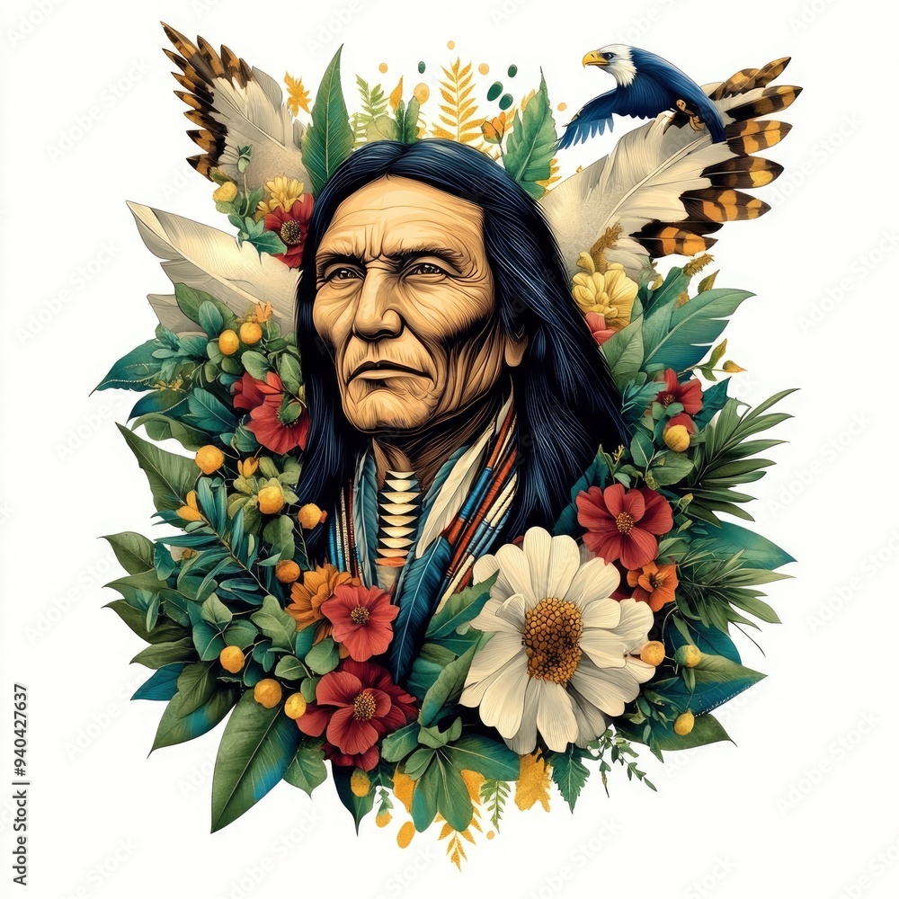 Fototapeta premium Native American Chief Portrait with Floral Wreath and Eagle Feathers