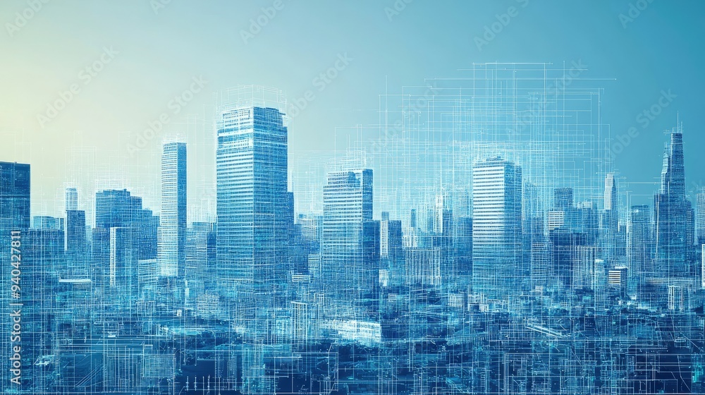 Obraz premium Futuristic cityscape with digital blueprints overlay