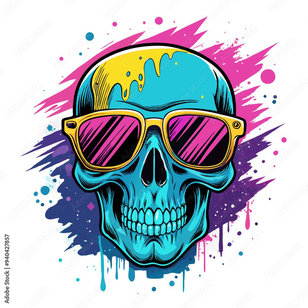 cool grunge skull head vector illustration, wear urban colorfull sunglasses.