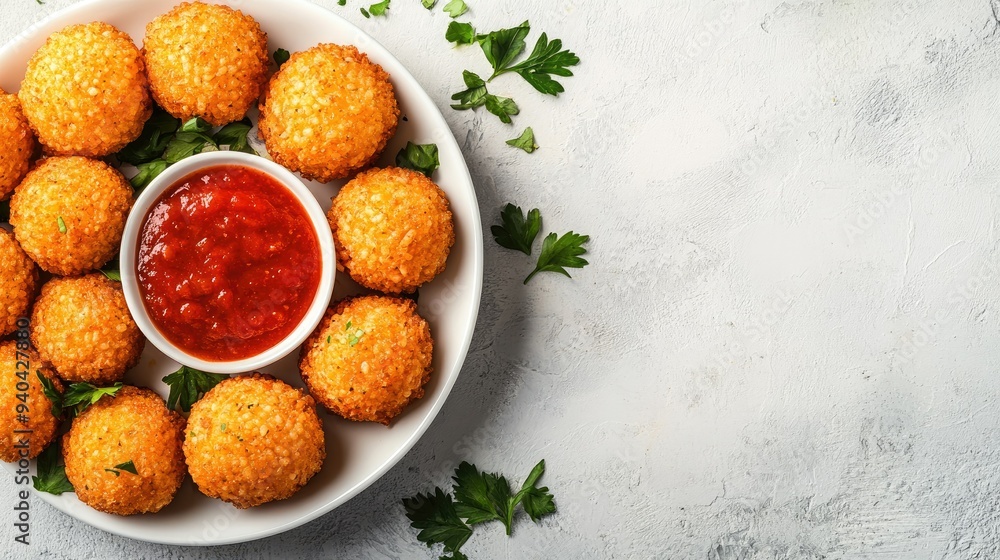 Top view of Italian arancini with marinara sauce, arranged with room for text on a clean background. Top view of Italian arancini with marinara sauce, arranged with room for text on a clean background.