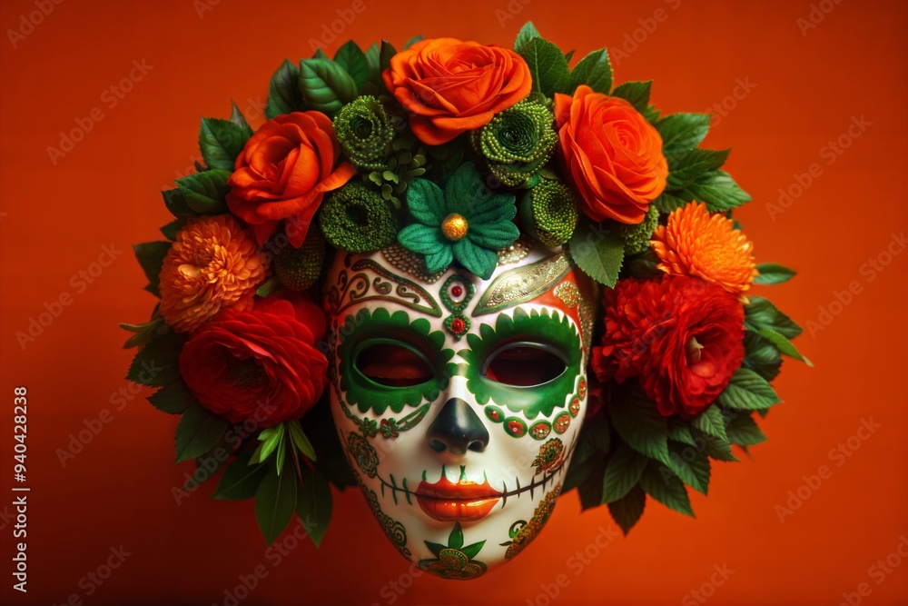 Vibrant Day of the Dead Mask with Floral Headpiece on Orange Background Vibrant Day of the Dead Mask with Floral Headpiece on Orange Background