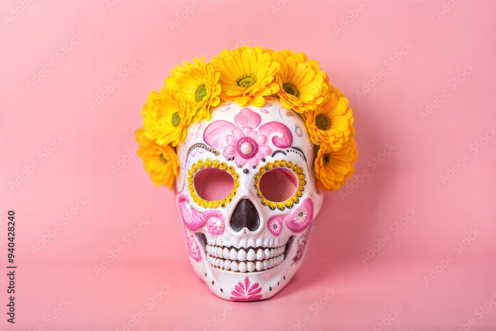 Vibrant Sugar Skull with Floral Crown on Pink Background Celebrating Day of the Dead Vibrant Sugar Skull with Floral Crown on Pink Background Celebrating Day of the Dead