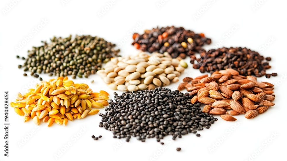 50. A collection of various vegetable seeds isolated on a white surface 50. A collection of various vegetable seeds isolated on a white surface