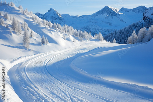 Ski Slope Descending and Curving Into a Valley for Winter Sports Enthusiasts