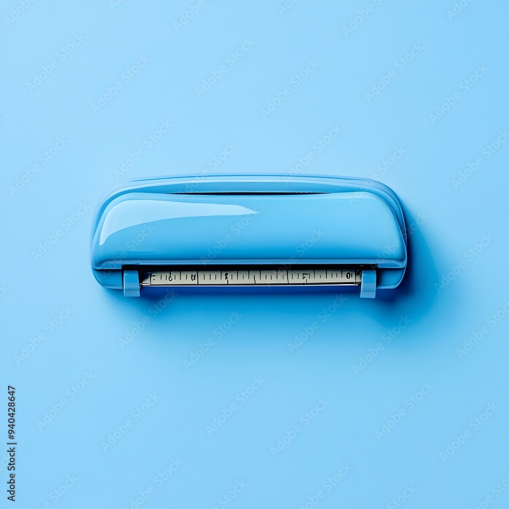 A simple minimalist image of a blue stapler lying flat at the center of a plain background showcasing the office supply in a clean organized setting A simple minimalist image of a blue stapler lying flat at the center of a plain background showcasing the office supply in a clean organized setting