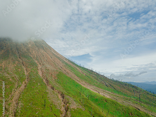 Aerial drone view of Mount Sinabung at Berastagi in North Sumatra, Indonesia. photo