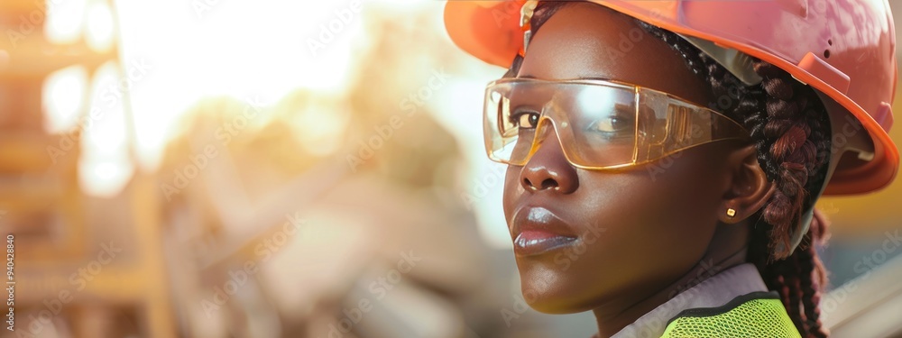 Female African construction engineer in safety attire. Female African construction engineer in safety attire.