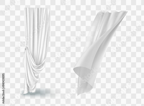 Set of realistic fluttering white cloths, soft lightweight clear material isolated on transparent background vector illustration