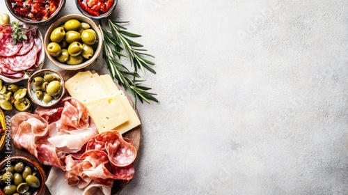 Wallpaper Mural Top view of Spanish tapas with olives, ham, and cheese, with ample copy space on a neutral background. Torontodigital.ca