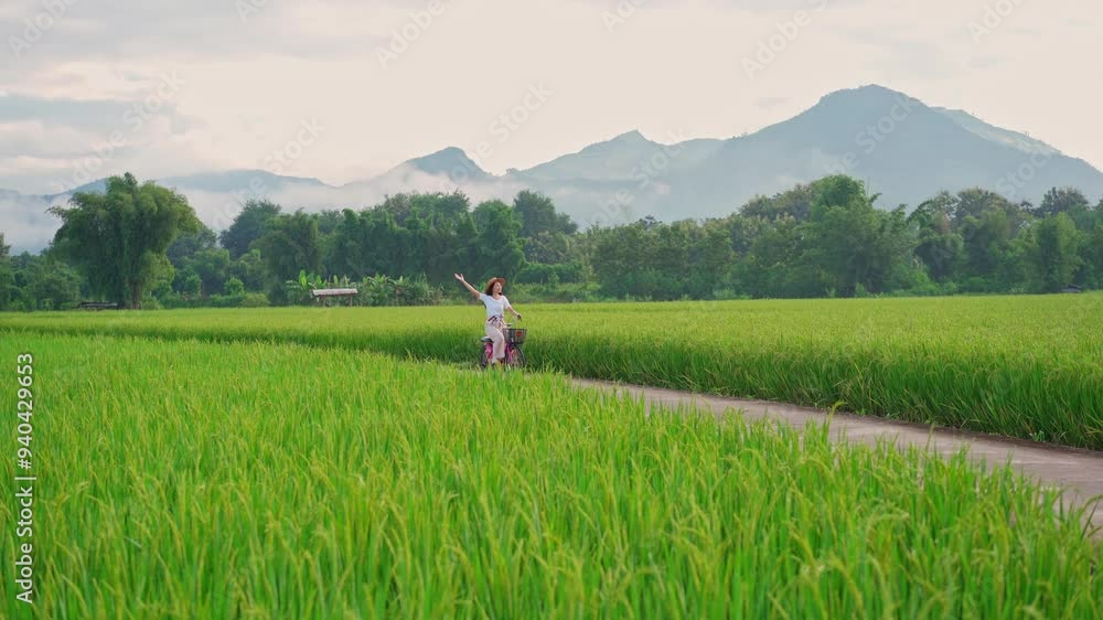Young happy woman tourist enjoying and riding a bicycle in paddy field while traveling at Nan, Thailand Young happy woman tourist enjoying and riding a bicycle in paddy field while traveling at Nan, Thailand