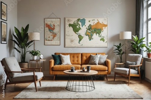 Modern retro concept of home interior with design sofa, armchair, coffee table, plants, mock up poster map, carpet and personal accessoreis photo