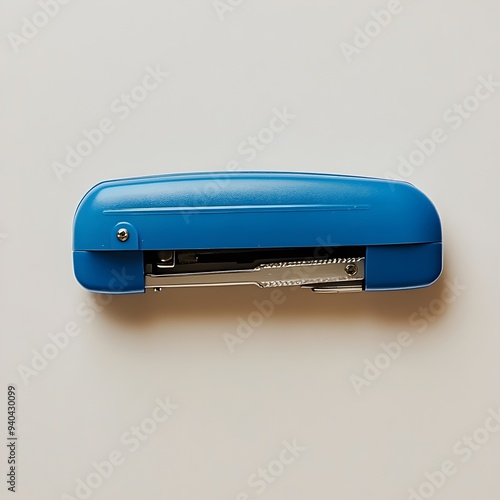 Closeup of a blue stapler lying flat at the center of a bright minimalist background The stapler is isolated and presented in a simple clean studio setup