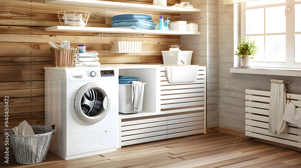 Light and airy laundry room featuring wooden accents, a washing machine, and neatly organized shelving. The space is bathed in natural light, creating a clean and functional atmosphere. Light and airy laundry room featuring wooden accents, a washing machine, and neatly organized shelving. The space is bathed in natural light, creating a clean and functional atmosphere.