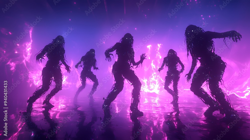 Silhouetted figures in a surreal, neon-lit environment with glowing details. Silhouetted figures in a surreal, neon-lit environment with glowing details.